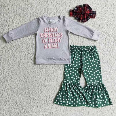 6 A7-16 girls christmas outfit long sleeve and long pants print with bow