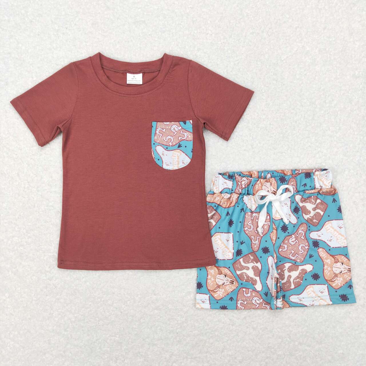 BSSO0348 Alpine cow head and cow pattern pocket brown short-sleeved shorts suit