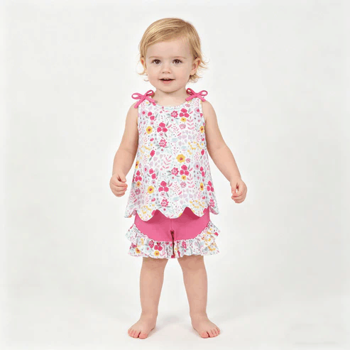 RTS NO MOQ Sibling Baby Girls Colorful Flowers Scallop Tunic Ruffle Shorts Outfit Set Cute Baby Girl Clothing Set