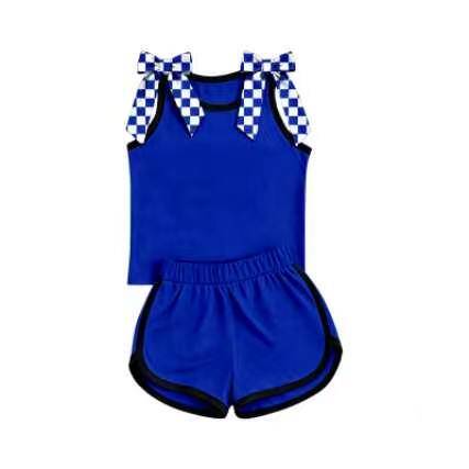 custom moq 5 mix size Baby Girls Blue Sleeveless Tank Top With Checkered Bows Shorts Summer Clothes Set