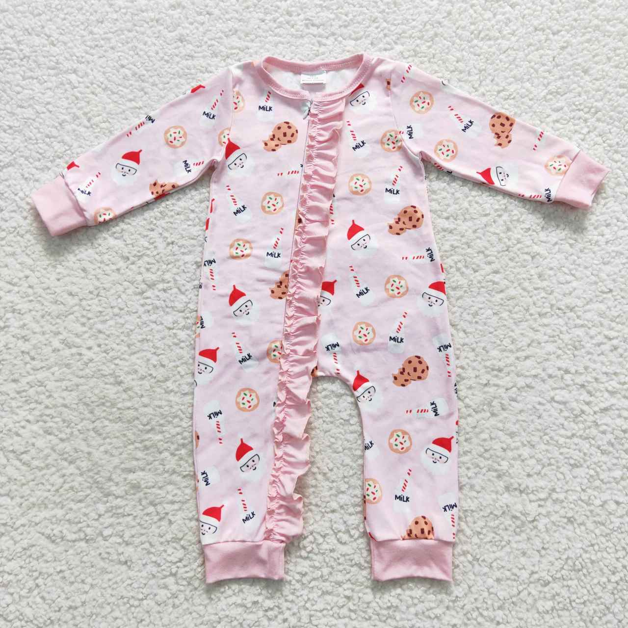 RTS NO MOQ（In Stock ) LR0471 Milk Cookie Santa Pink Zipper Long Sleeve Bodysuit
