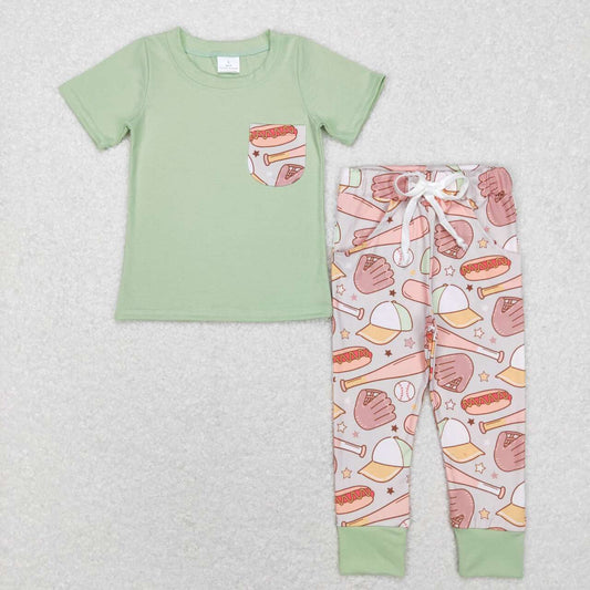 RTS NO MOQ（In Stock ) Baseball Gloves Light Green Pocket Short Sleeve Pants Suit