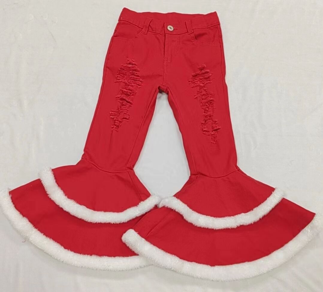 P0334 Red ripped denim trousers with white plush trim