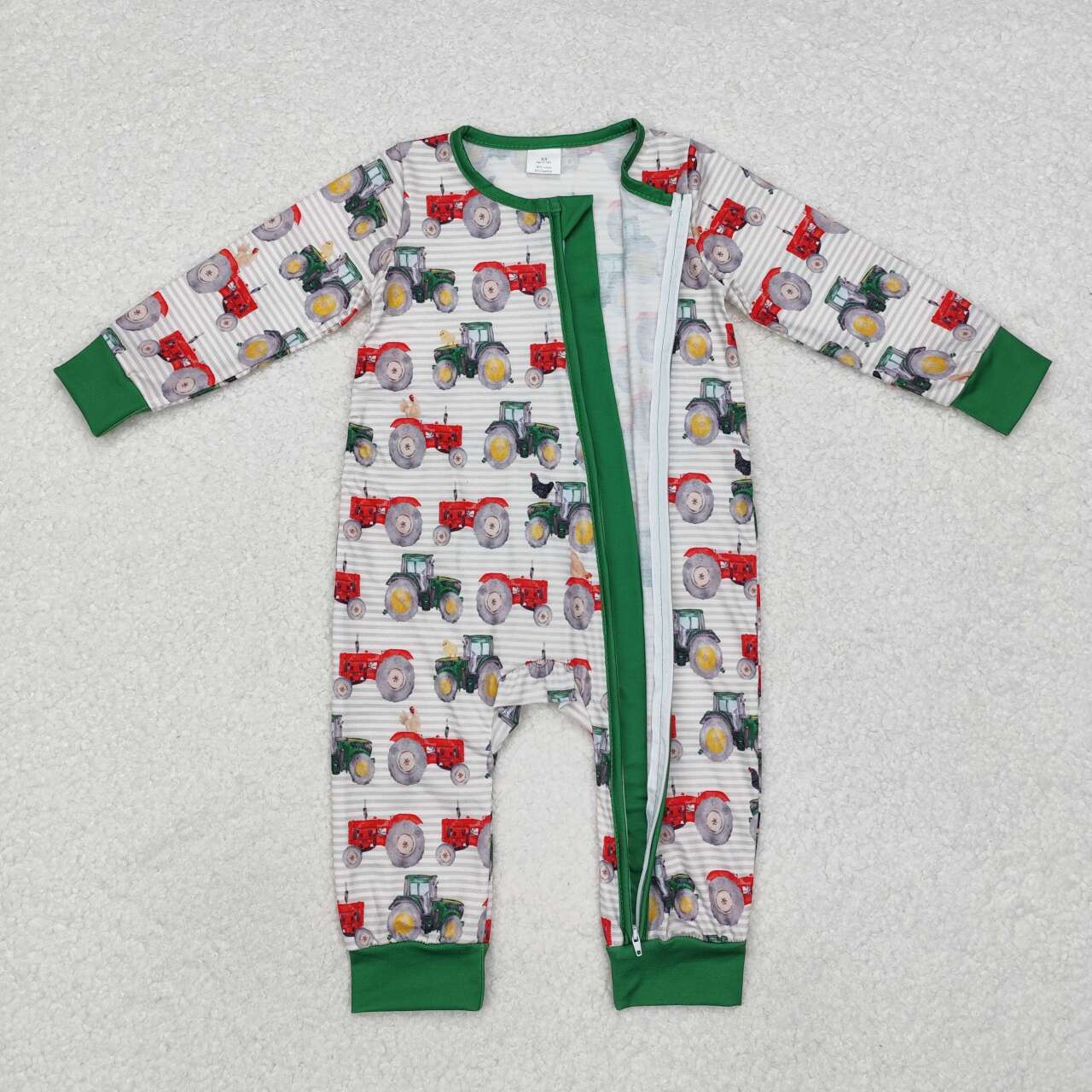 RTS NO MOQ（In Stock) Modal tractor stripe green hemmed zipper long sleeves