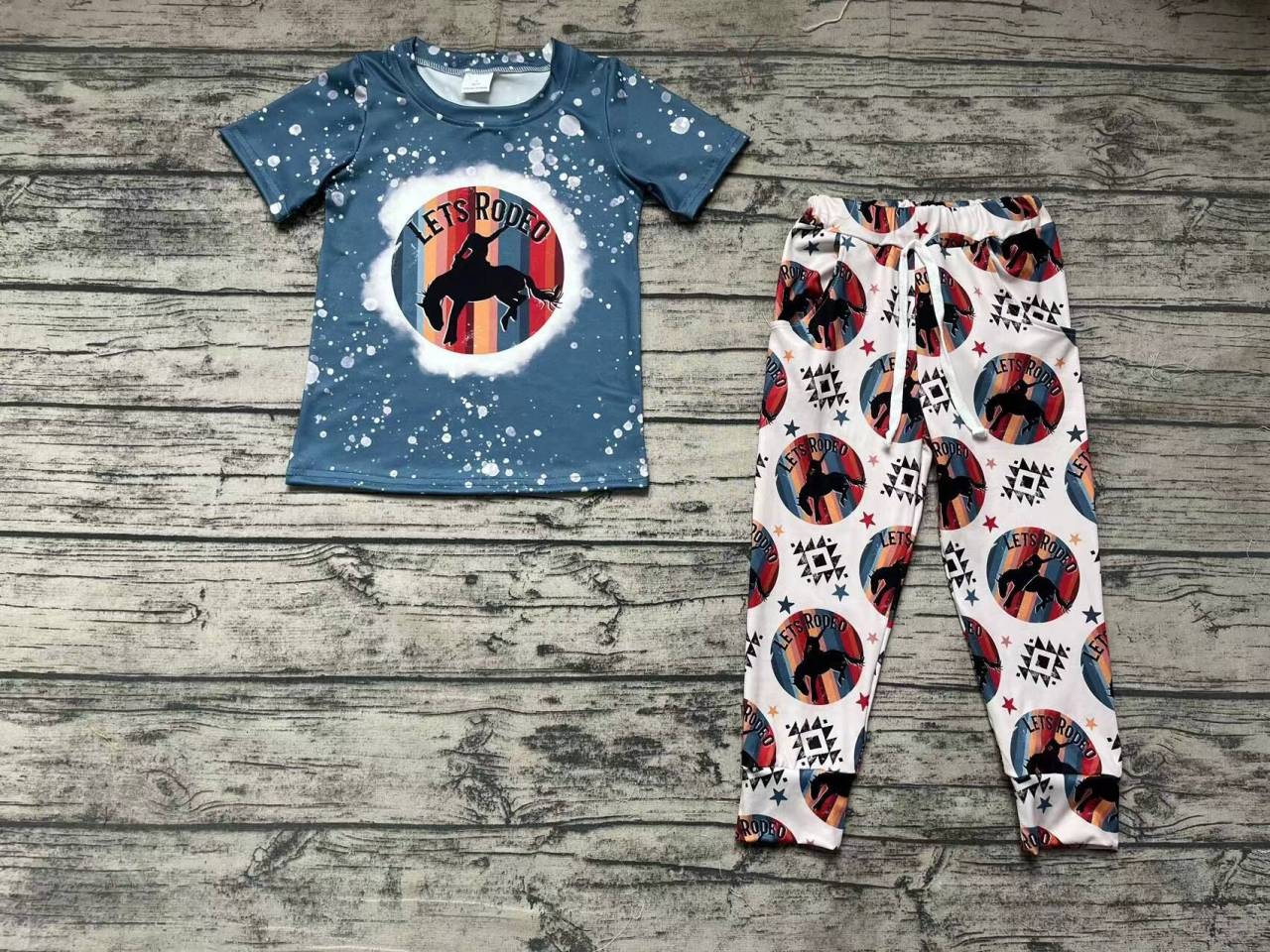 Boys lets rodeo riding aztec short sleeve beige trouser suit