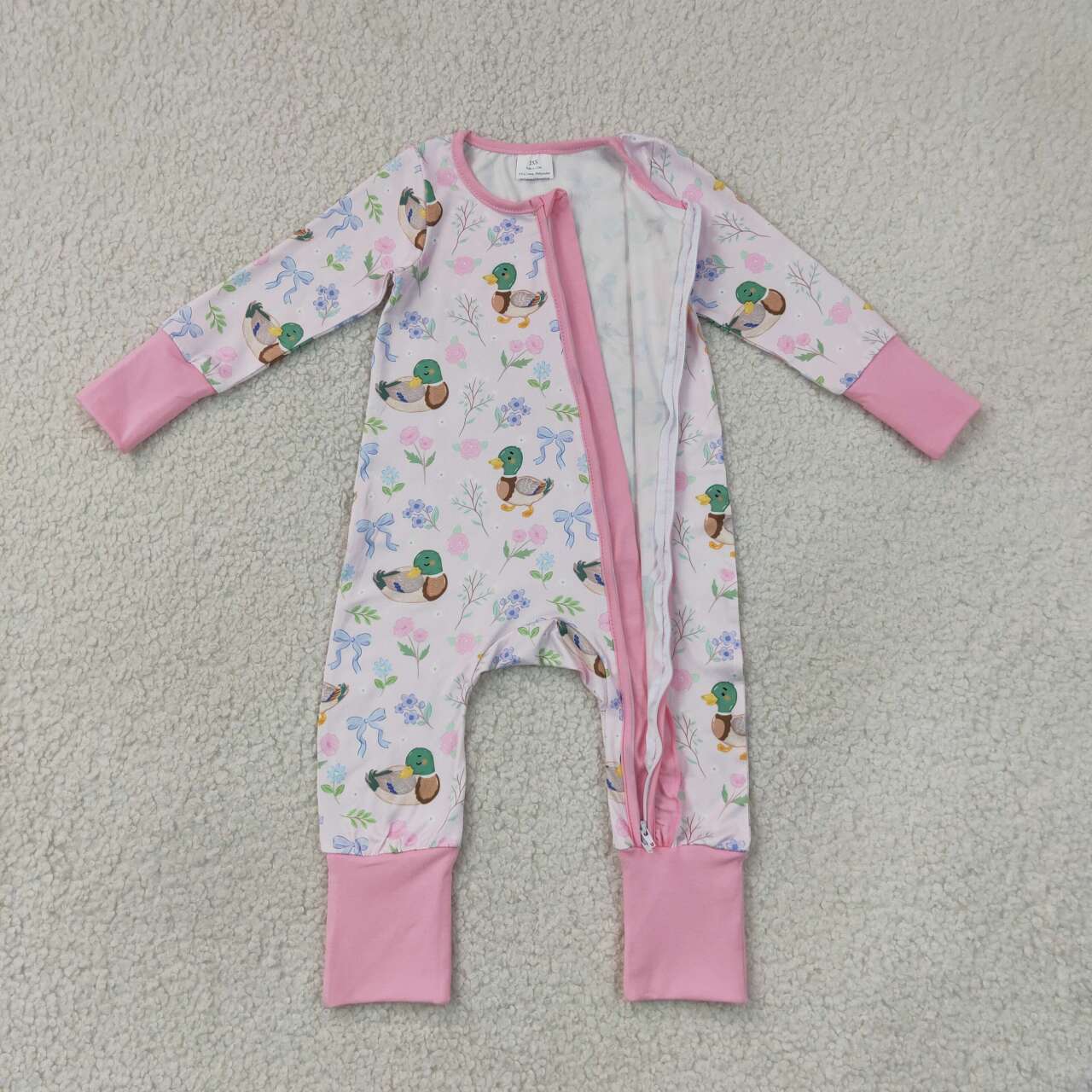 RTS NO MOQ milk silk LR3071 Baby Girls Cute Floral Duck Long Sleeve Two Way Ruffle Zip Convertible Rompers