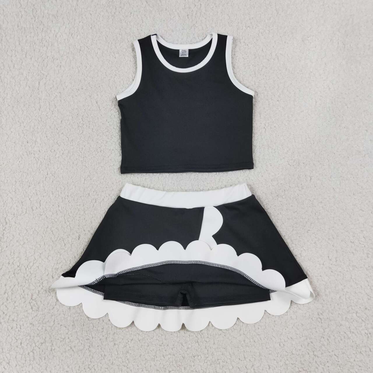 NEW RTS NO MOQ yoga fabric cotton GSD4029 Toddler Girls Black Sleeveless Vest Scallop Hem Skort Sport Set