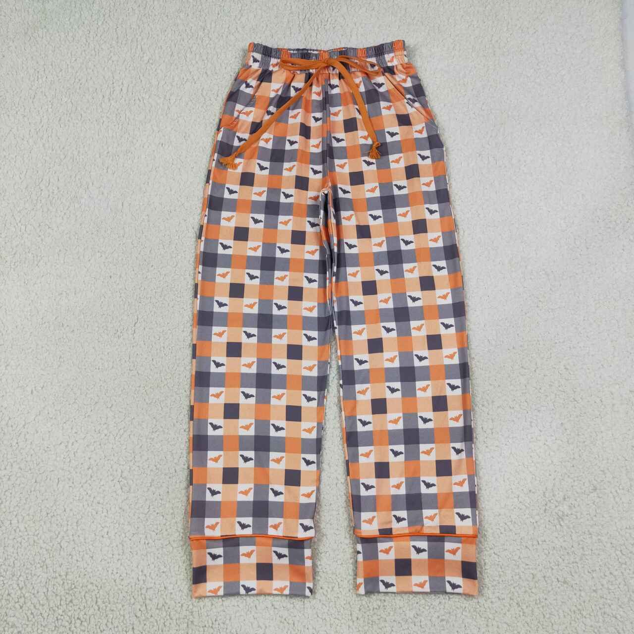 NEW RTS NO MOQ milk silk P1095 Adult Women Khaki Plaid Bat Print Casual Halloween Pants Bottom