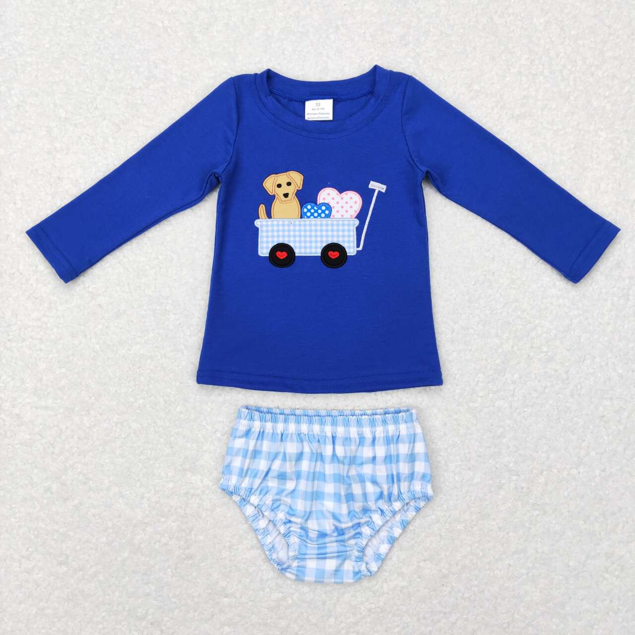 RTS NO MOQ（In Stock) GBO0192 Embroidered love dog sapphire blue long-sleeved plaid briefs set