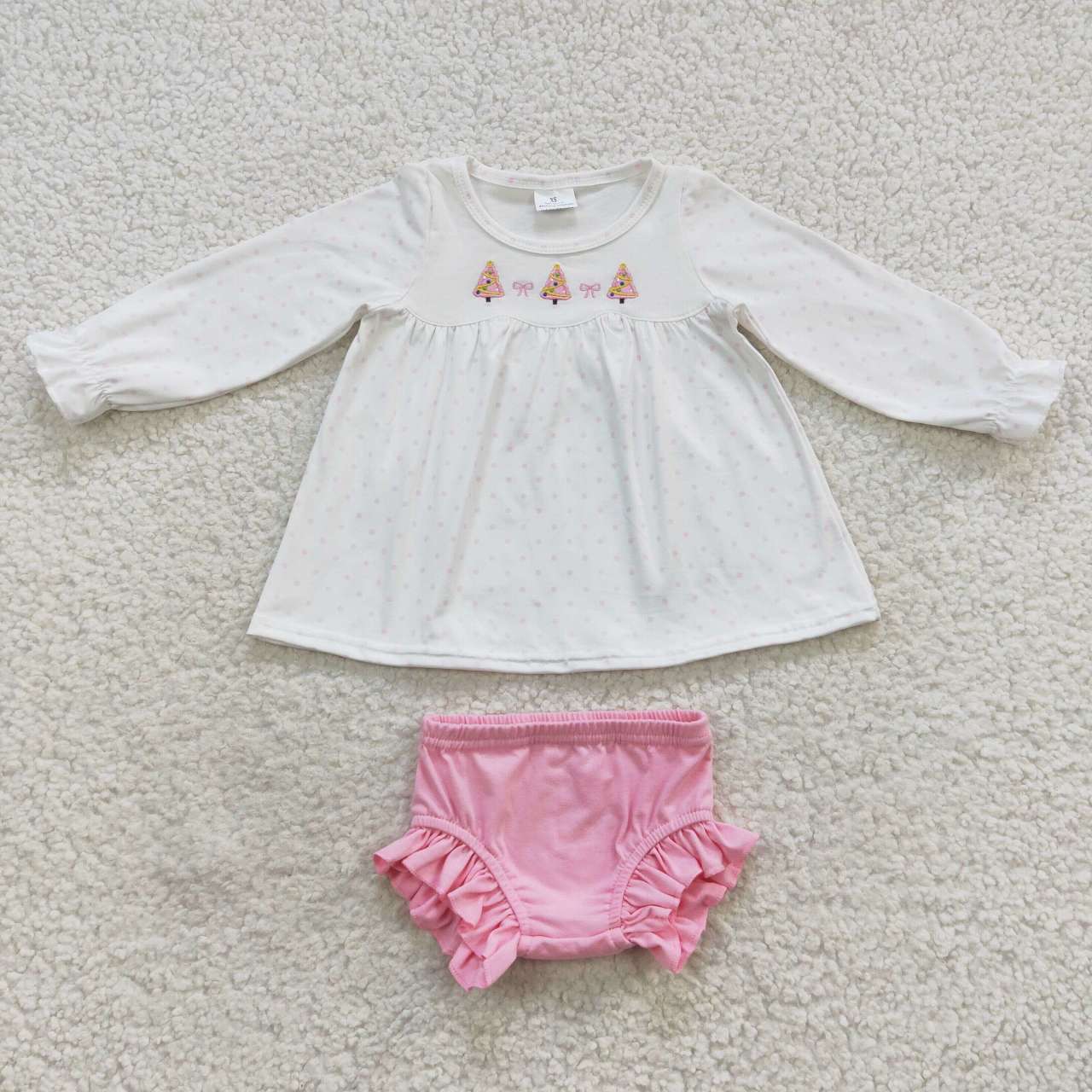 GBO0165 Embroidered Christmas Tree Bow Polka Dot Pastel Long Sleeve Top