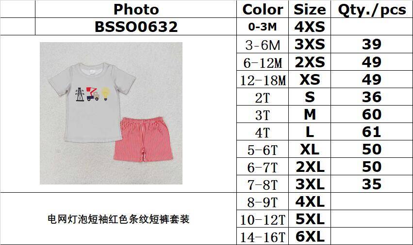 rts no moq BSSO0632 Grid Light Bulb Short Sleeve Red Striped Shorts Set