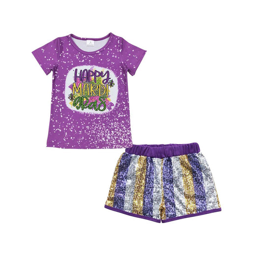 SS0115 Purple gold and white striped sequin shorts +GT0374 happy mardi gras letter purple short sleeve top