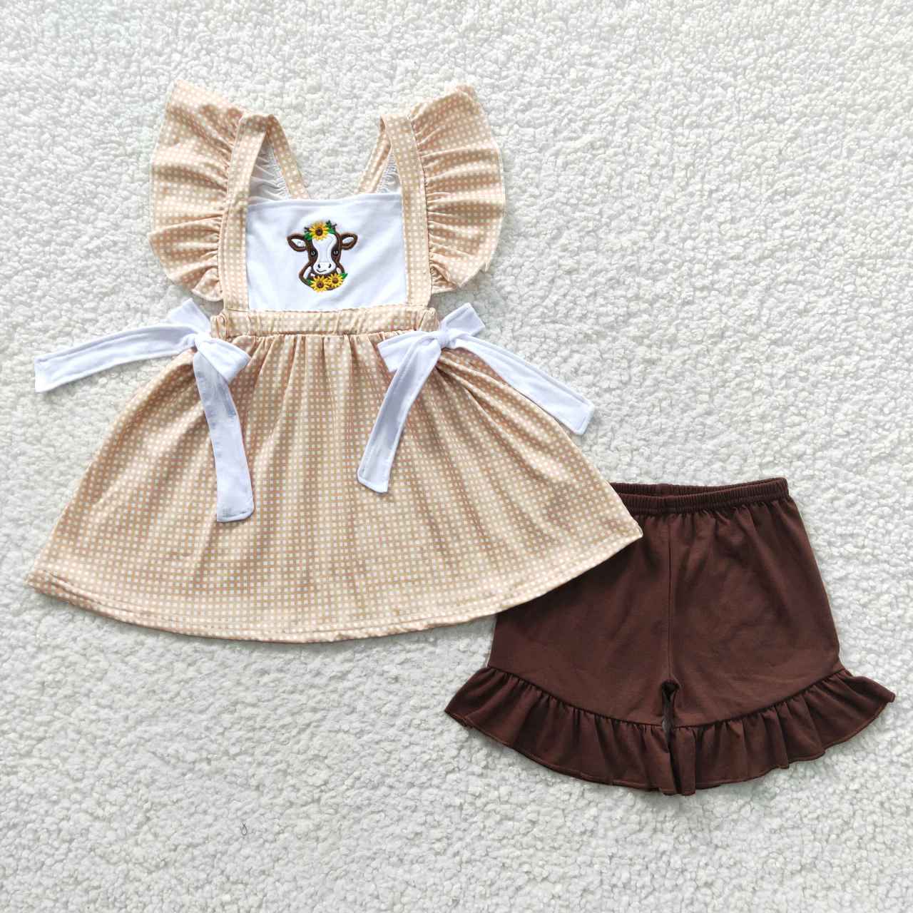 RTS NO MOQ GSSO0233 Girls Embroidered Cow Sunflower Tank Top Shorts Set