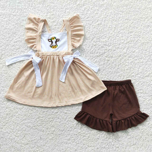 RTS NO MOQ GSSO0233 Girls Embroidered Cow Sunflower Tank Top Shorts Set
