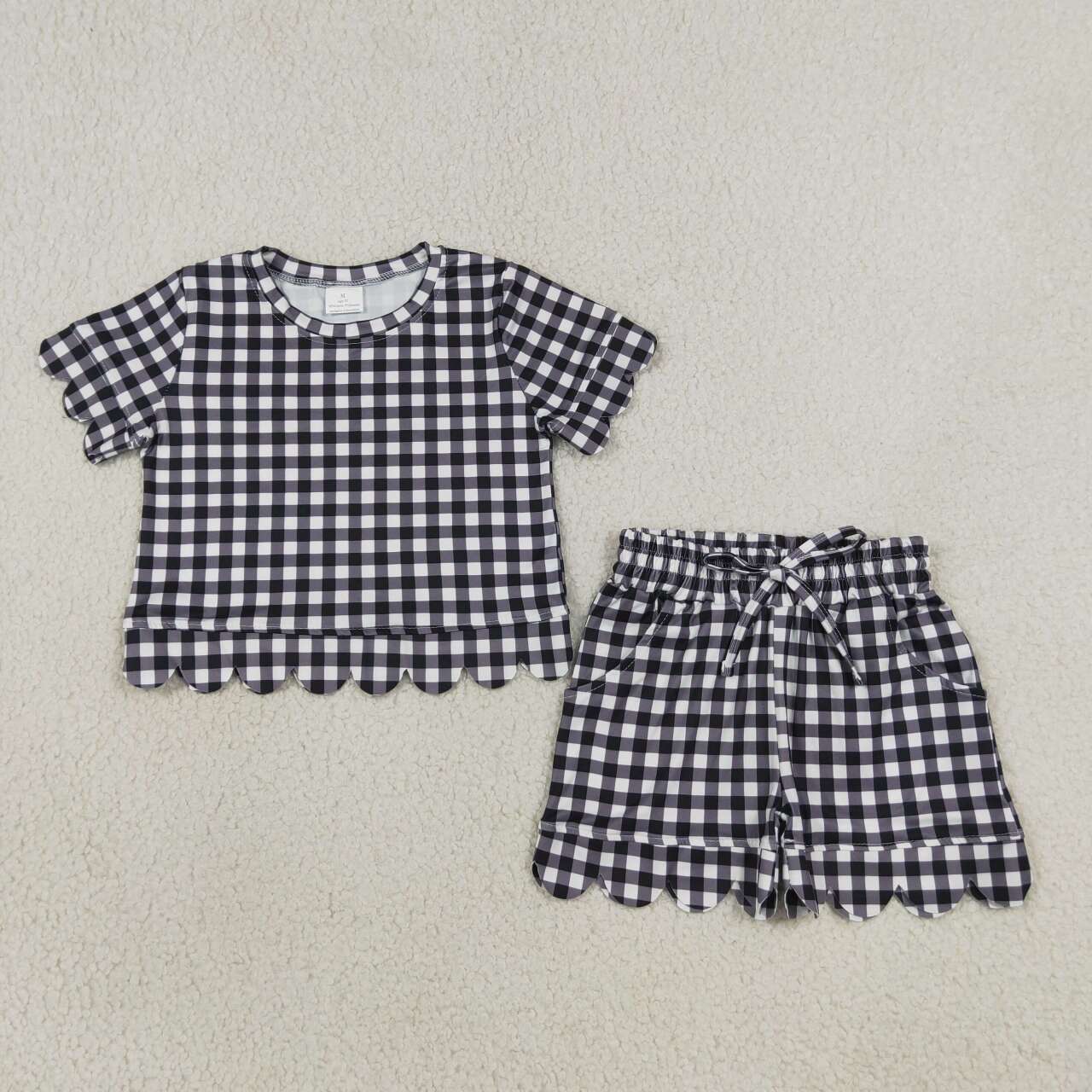 NEW RTS NO MOQ milk silk GSSO3842 drawstring on these functional Baby Girls Black Check Shirt Top Scallop Shorts Clothes Set