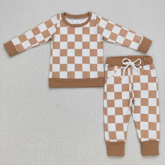 RTS NO MOQ ETA 5/7days Arrived BLP0270 Khaki white plaid long sleeve trousers suit