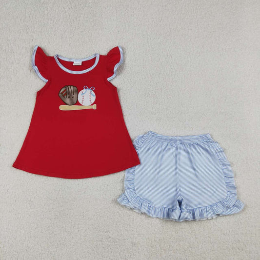 RTS NO MOQ GSSO3246 Baby Girls Embroidery Baseballs Tunic Top with Stripe Ruffle Shorts Team Clothes Set