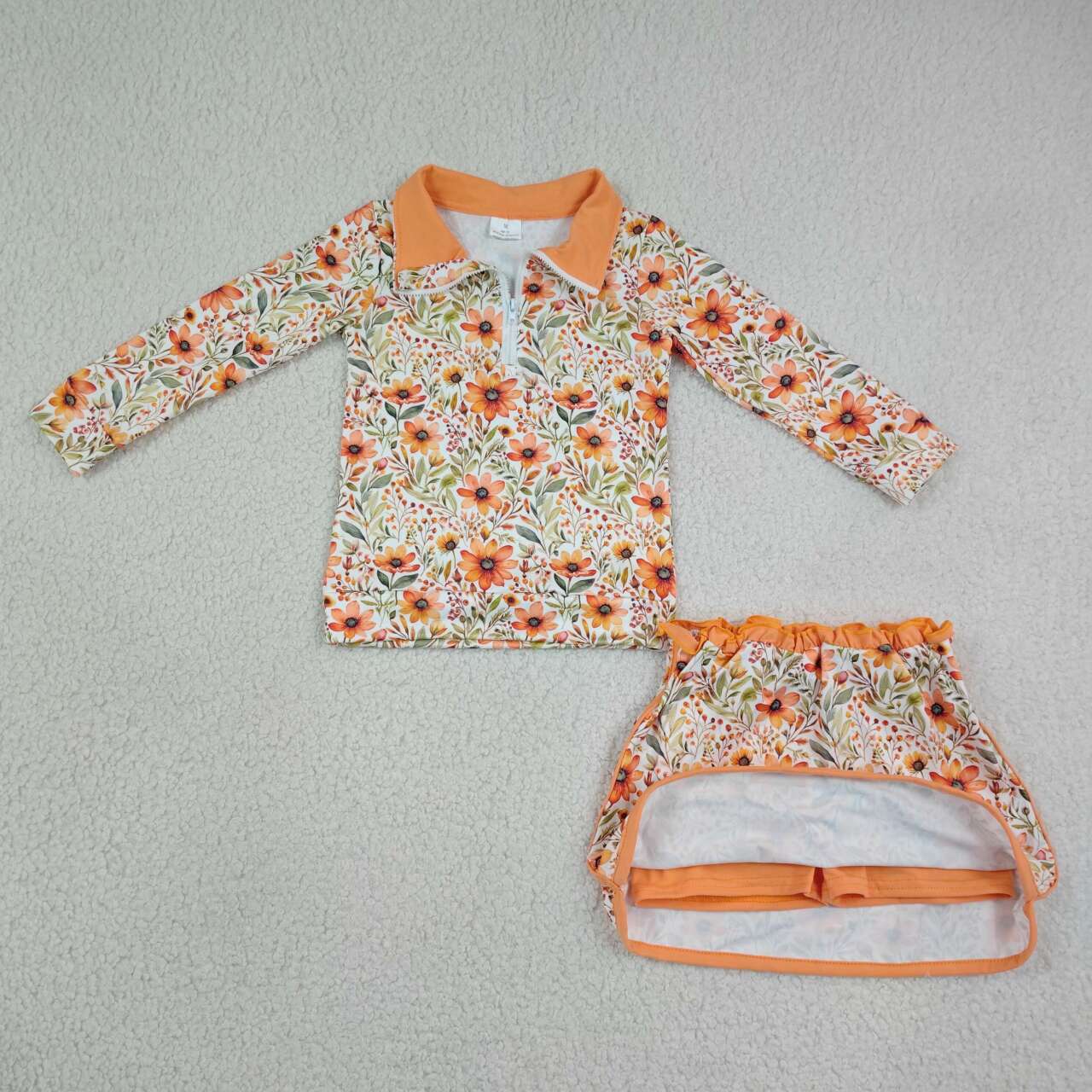 NEW RTS NO MOQ milk silk GLD1606 Baby Girls Floral Print Long Sleeve Zip Pullover Short Skirt Set