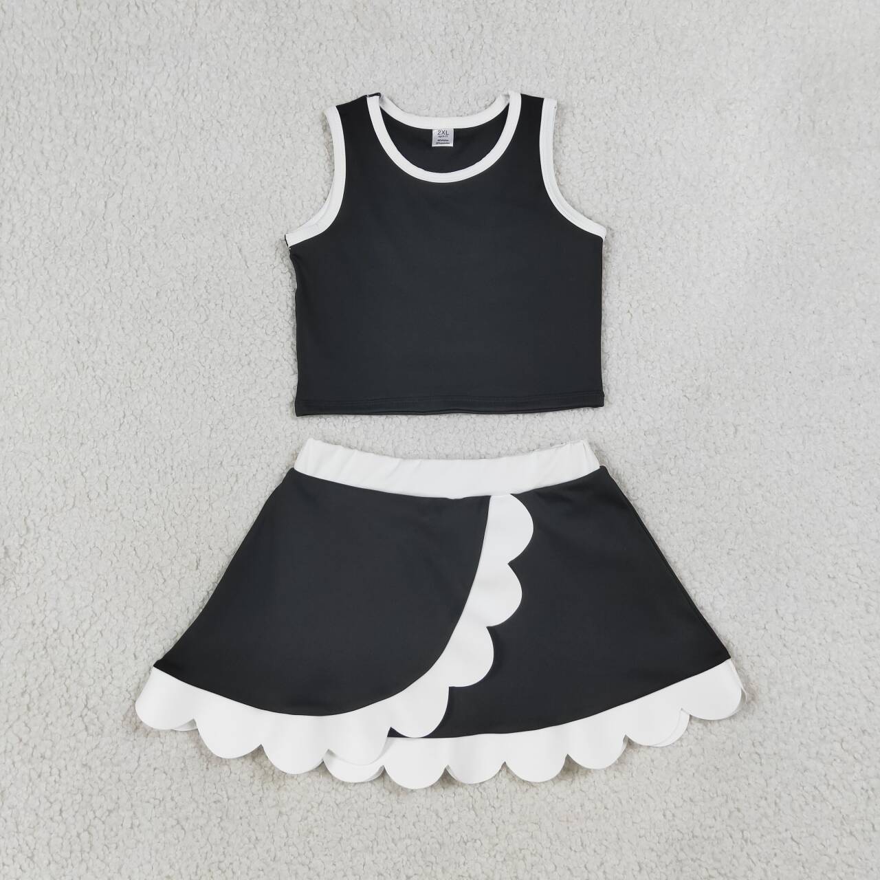 NEW RTS NO MOQ yoga fabric cotton GSD4029 Toddler Girls Black Sleeveless Vest Scallop Hem Skort Sport Set