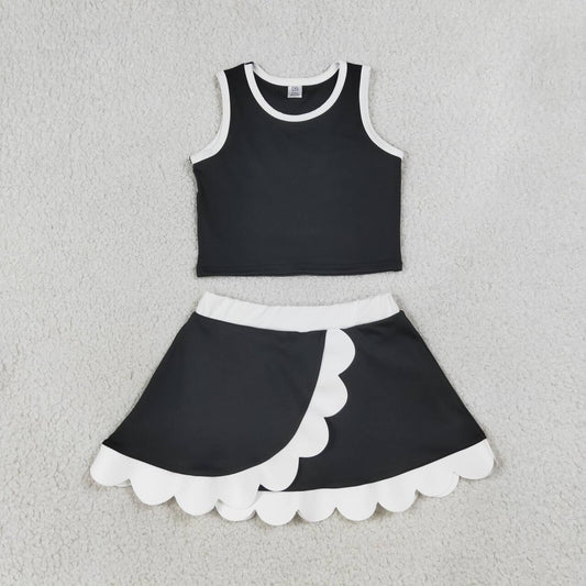 NEW RTS NO MOQ yoga fabric cotton GSD4029 Toddler Girls Black Sleeveless Vest Scallop Hem Skort Sport Set