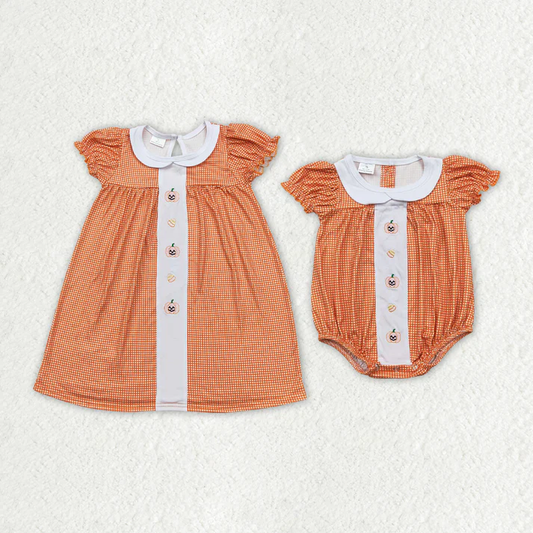 RTS NO MOQ  Baby Girls Pumpkin Candy Orange Checkered Sibling Rompers Dresses Thanksgiving Embroidery