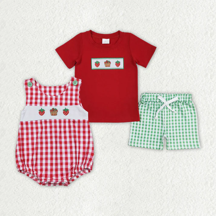 RTS NO MOQ Baby Boys Red Strawberry Cake Sibling Brother Rompers Clothes Sets