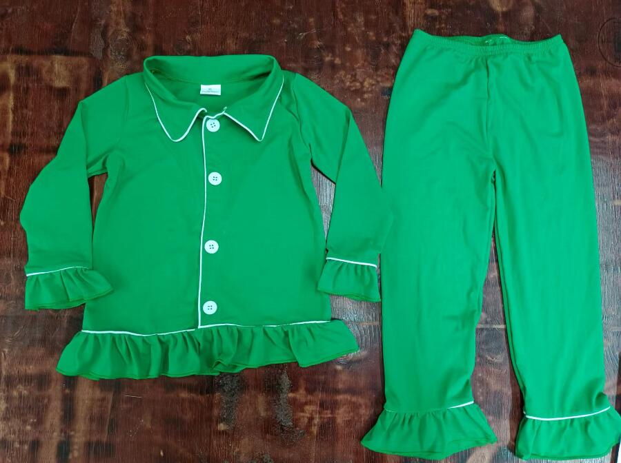 Custom moq 3 eta 6-7weeks Long Sleeve Green Button Ruffle Suit