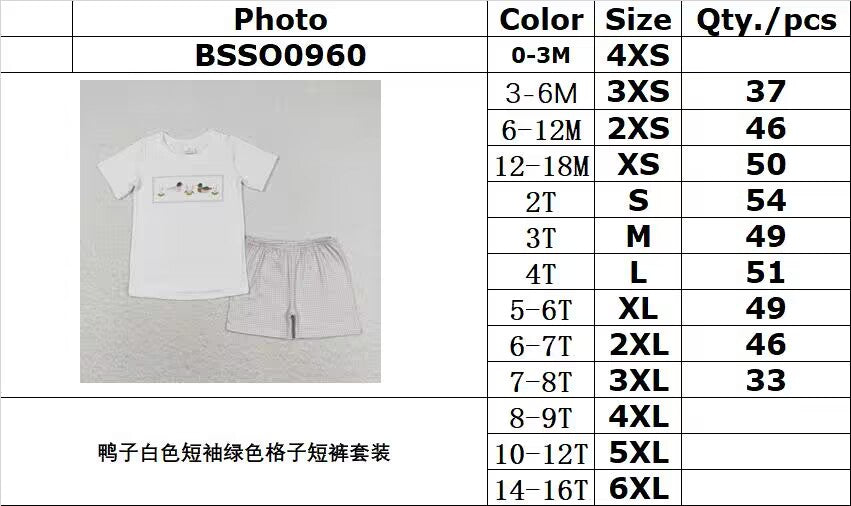 RTS NO MOQ BSSO0960 Duck white short-sleeved green plaid shorts set