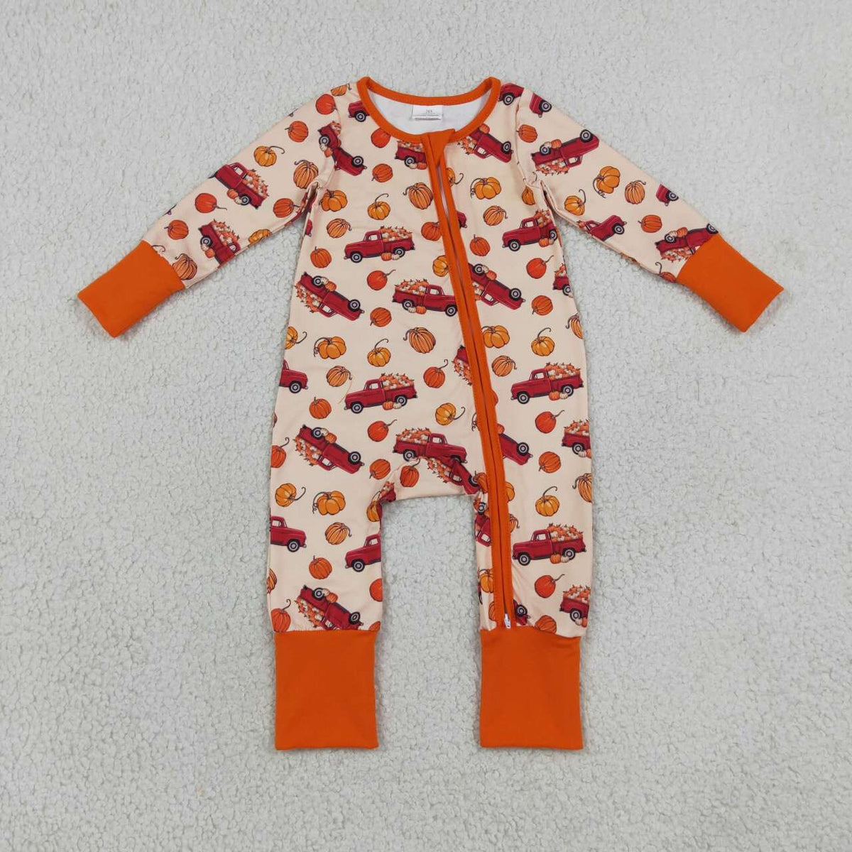 NEW RTS NO MOQ milk silk LR3234 Baby Boys Long Sleeve Pumpkins Trucks Fall Two Way Zip Convertible Romper