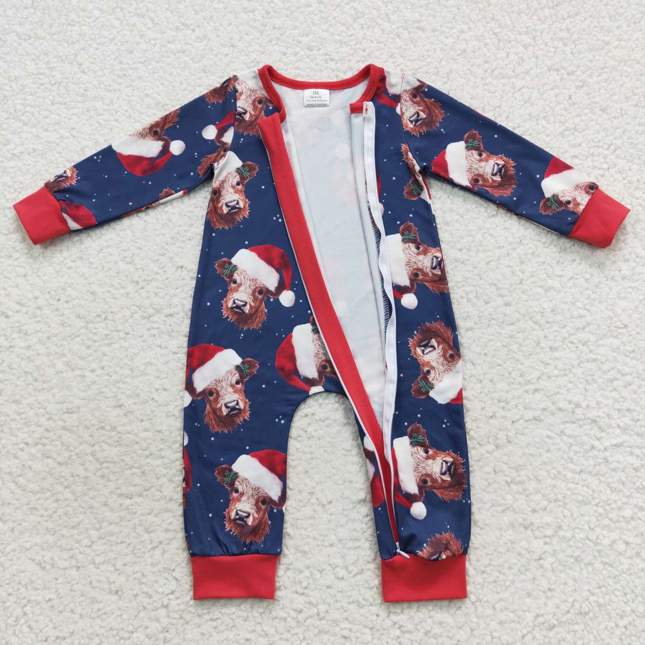 RTS NO MOQ（In Stock) LR0597 Christmas Hat Bull Head Navy Blue Zipper Long Sleeve Jumpsuit