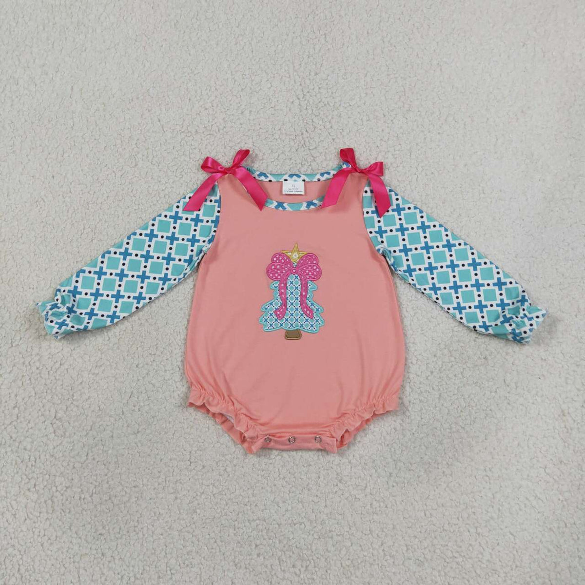 NEW RTS NO MOQ milk silk LR3164 Embroidery Baby Girls Christmas Polka Dot Bow Tree Ruffle Hem Long Sleeve Romper