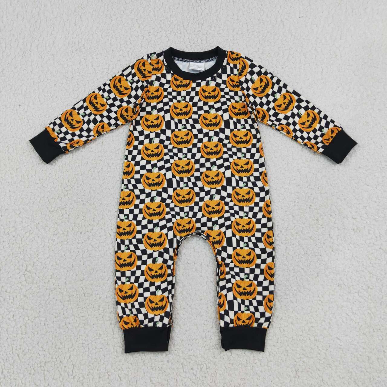 NEW RTS NO MOQ milk silk LR1389 Baby Boys Halloween Checkered Pumpkin Long Sleeve Romper
