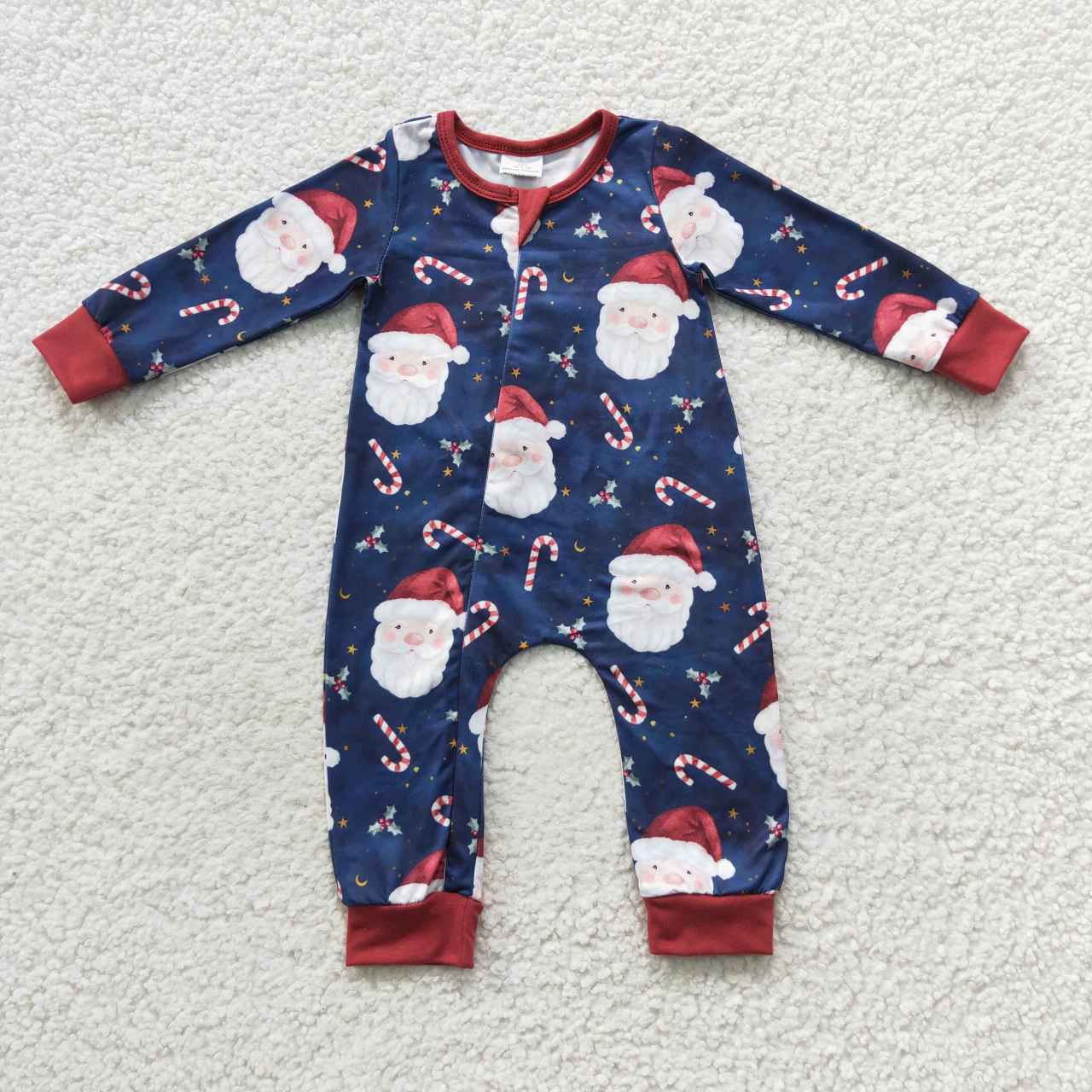 RTS NO MOQ（In Stock ) LR0498 Candy Cane Santa Navy Blue Zipper Long Sleeve Onesie