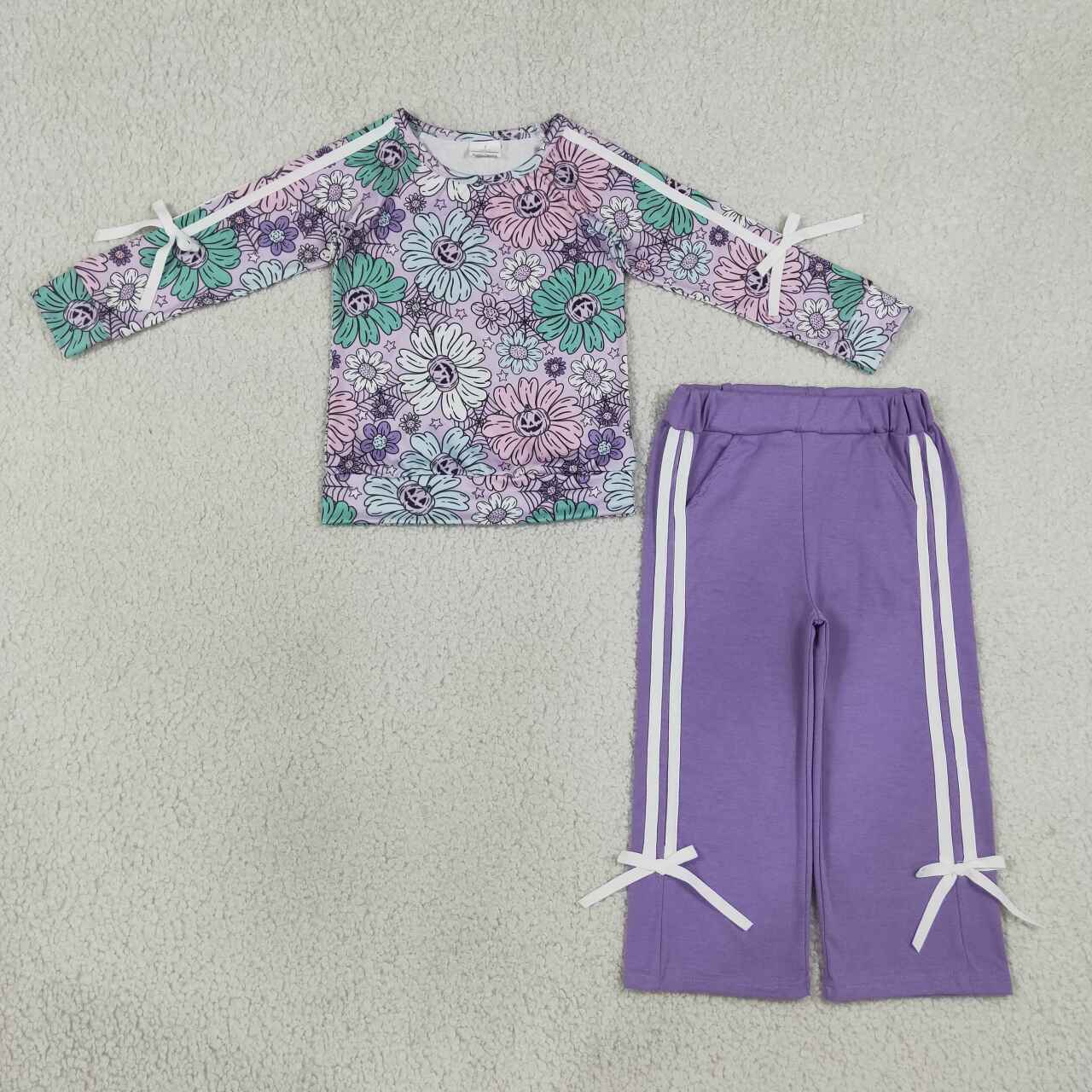 NEW RTS NO MOQ milk silk GLP3353 Baby Girls Halloween Ghost Floral Print Pocket Long Sleeve Top Pants Clothes Set