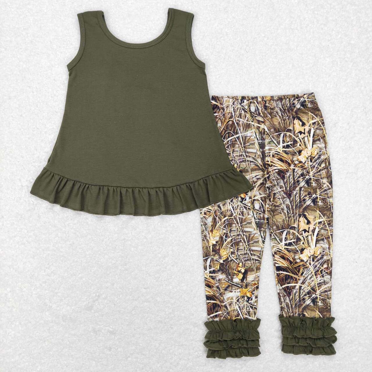 RTS NO MOQ（In Stock) GSPO1089 Bow lace sleeveless top camouflage tree branch trousers suit