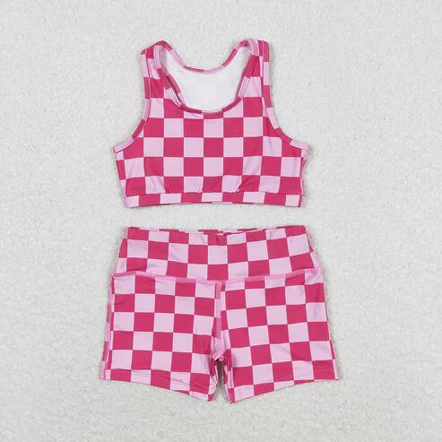 RTS Yoga Fabric Cycling Pants Suit Smiley Plaid Cute Summer Girl Suit