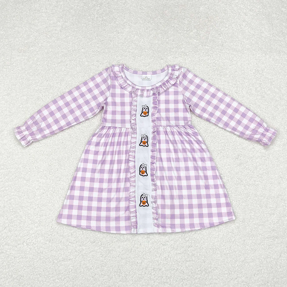 RTS NO MOQ ETA 5-7DAYS Embroidery witch Lavender Checkered Ghost Halloween Clothes Sets