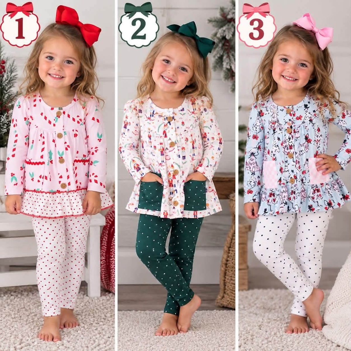 RTS NO MOQ Sibling milk silk Baby Girls Christmas Candy Cane Polka Dot Long Sleeve Tunic Top Leggings Holiday Outfit