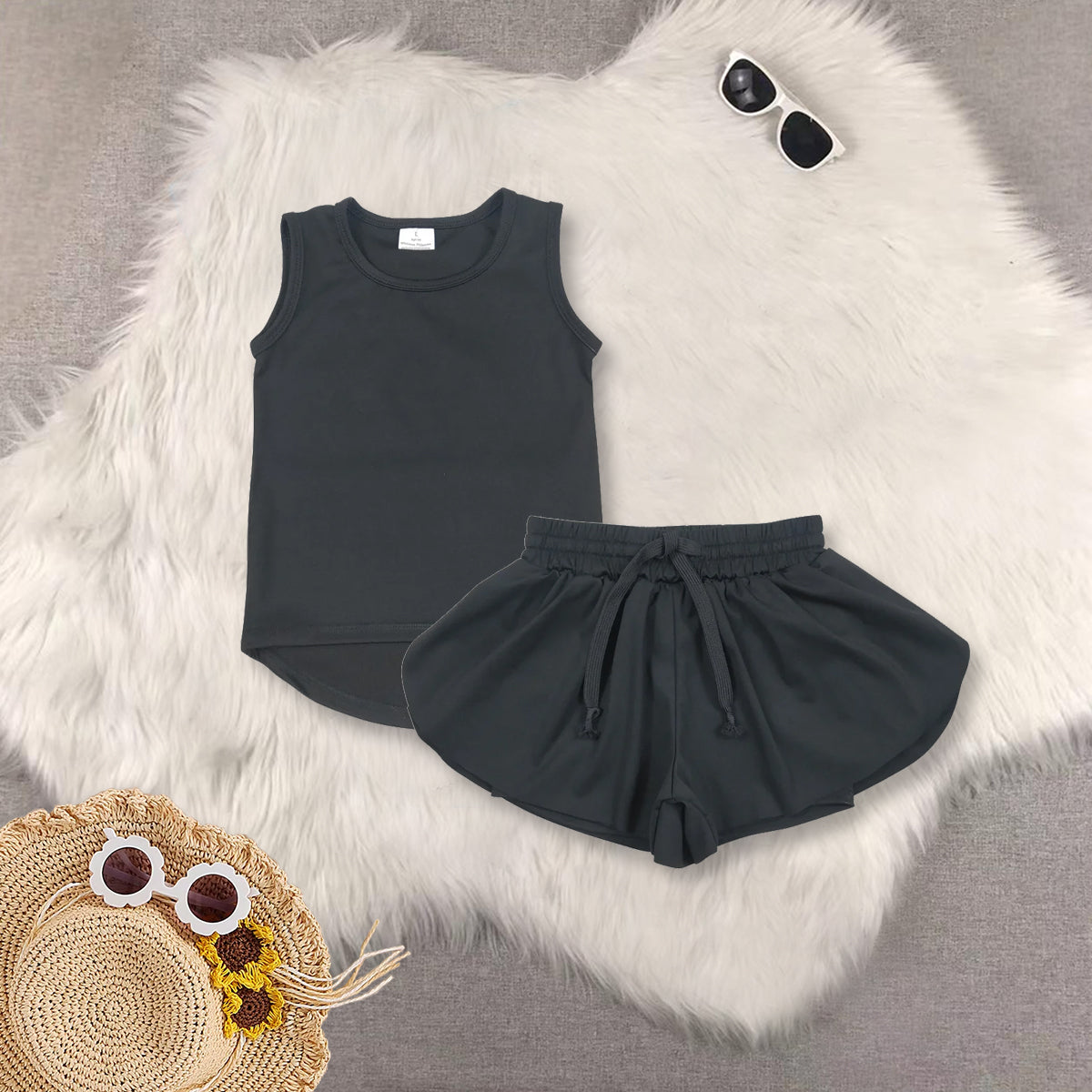 RTS NO MOQ Girls clothes yoga solid color short sleeve Clothes Sets