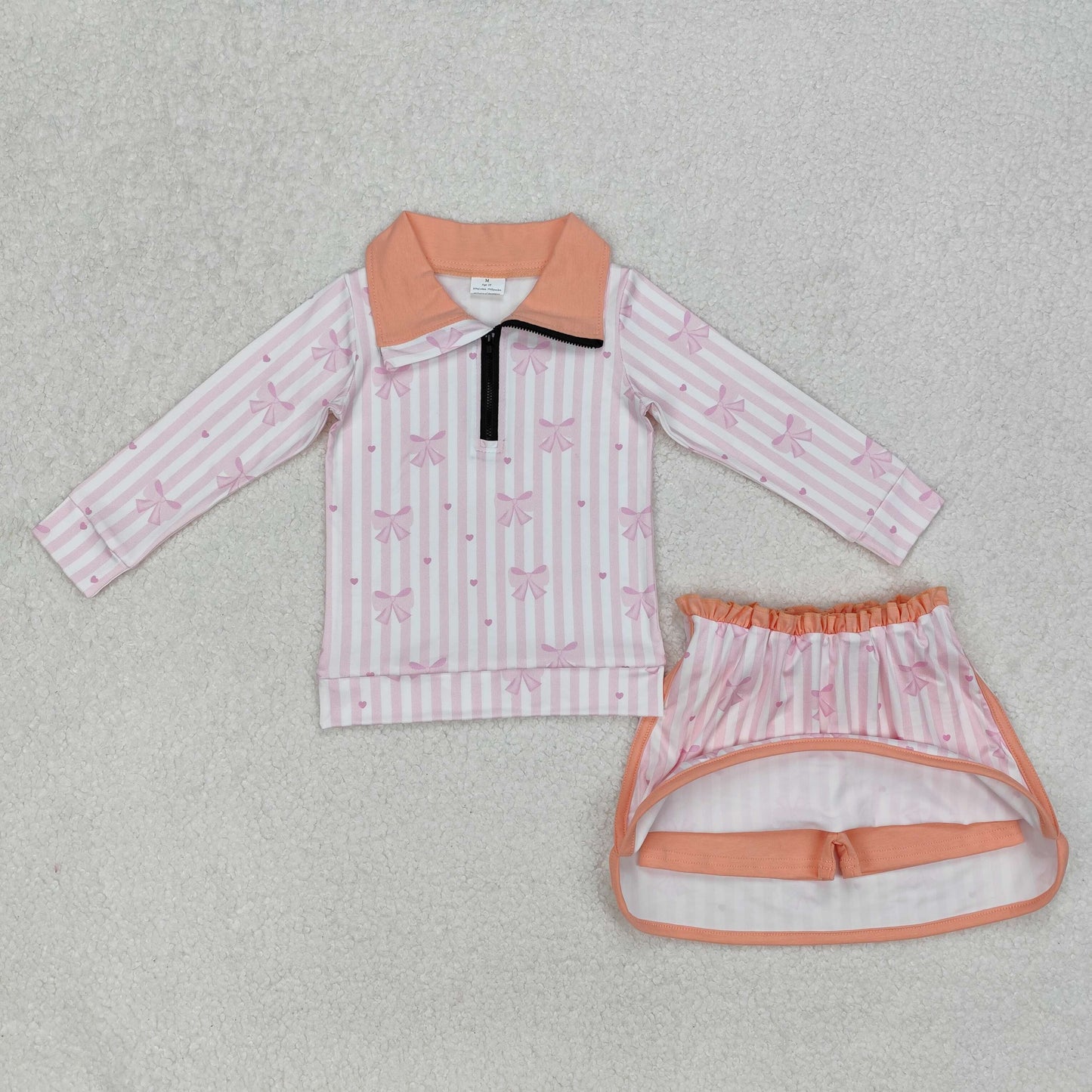RTS NO MOQ ETA 5/7days Arrived GLD1004 Bow pattern pink stripes white zipper long-sleeved culottes set