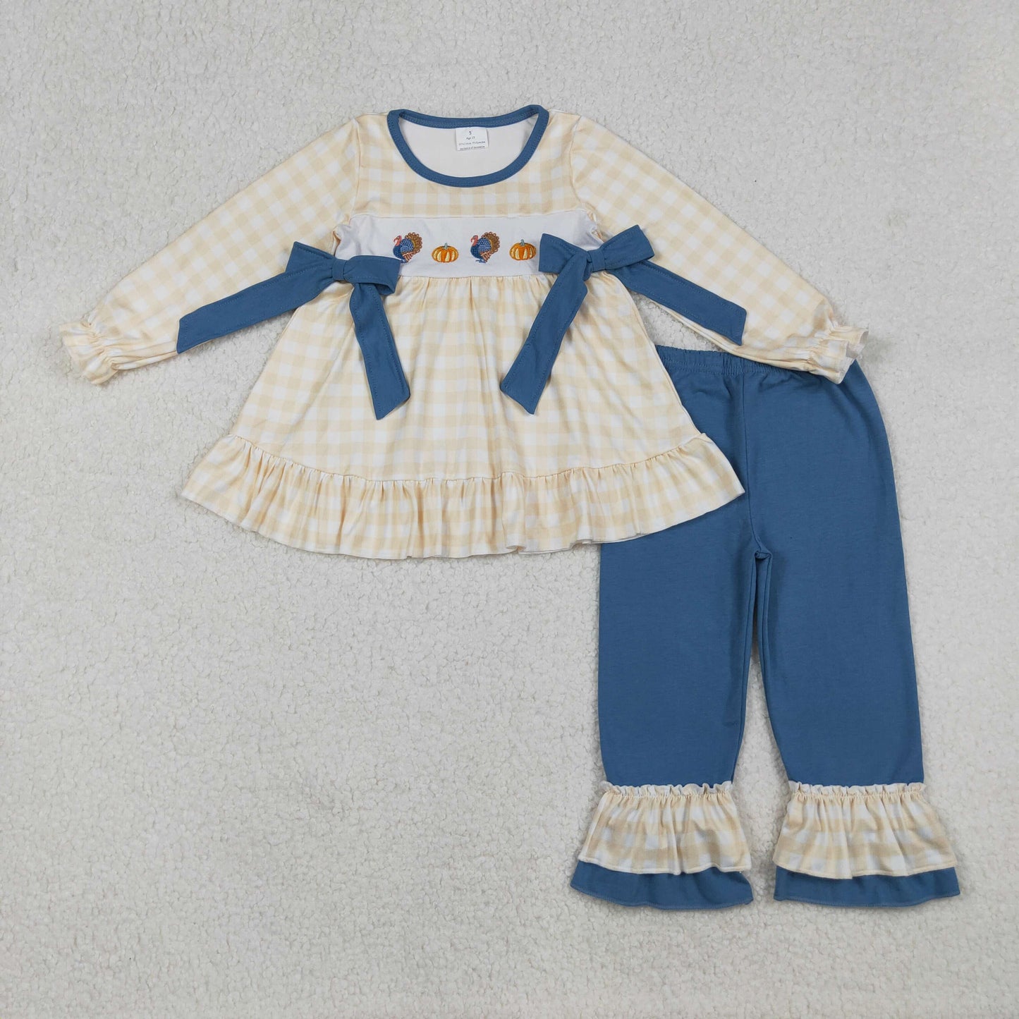 RTS NO MOQ（In Stock) GLP2594 Embroidered turkey pumpkin blue bow plaid long-sleeved pantsuit