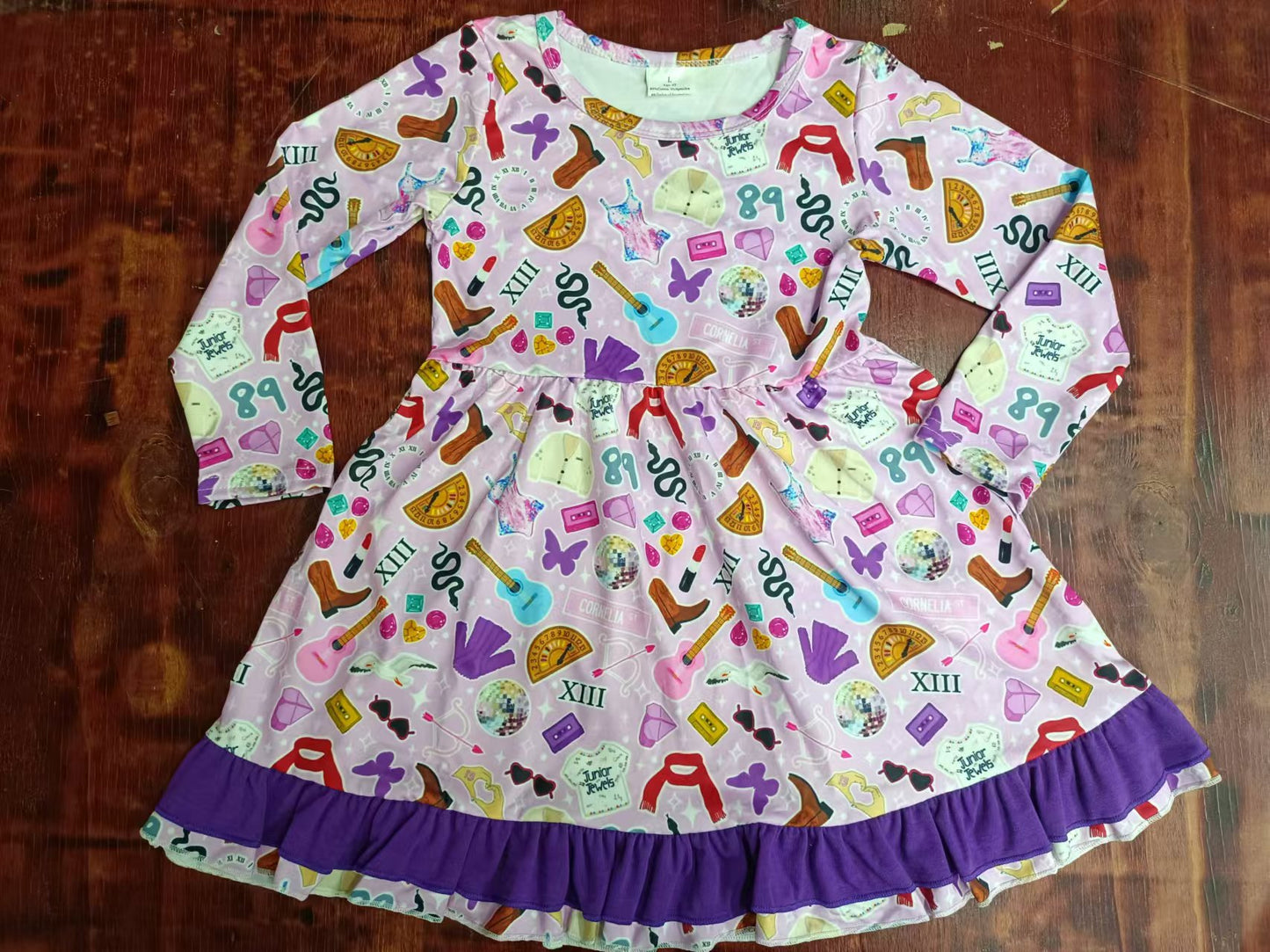 Custom moq 3 eta 6-7weeks Light purple musical instrument-ruler-clothing pattern long-sleeved dress