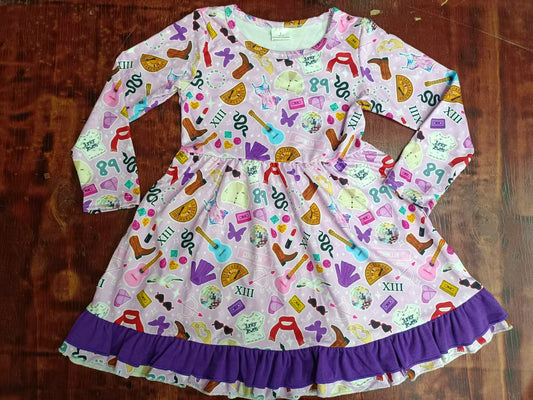 Custom moq 3 eta 6-7weeks Light purple musical instrument-ruler-clothing pattern long-sleeved dress
