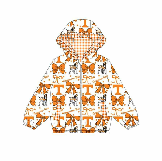 Custom moq 5 mix size milk silk summer teams baby girls clothes lace bow orange hooded long sleeve top-25.9.6