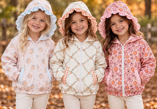 RTS NO MOQ Sibling milk silk Baby Girls Flowers  Fall Zip Pockets Ruffle Hoodie Jackets Top