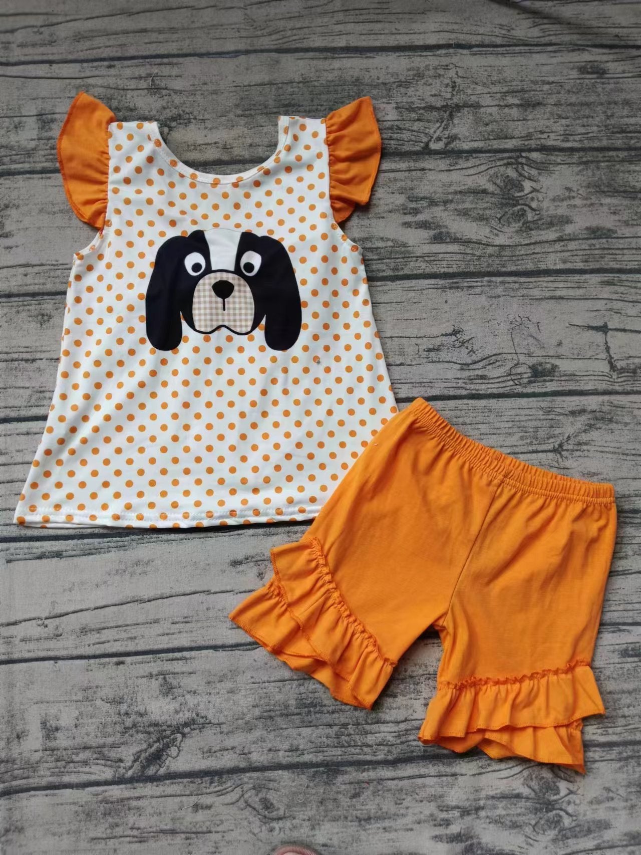 custom moq 5 eta 5weeks summer team baby girls clothes orange flying sleeve shorts set
