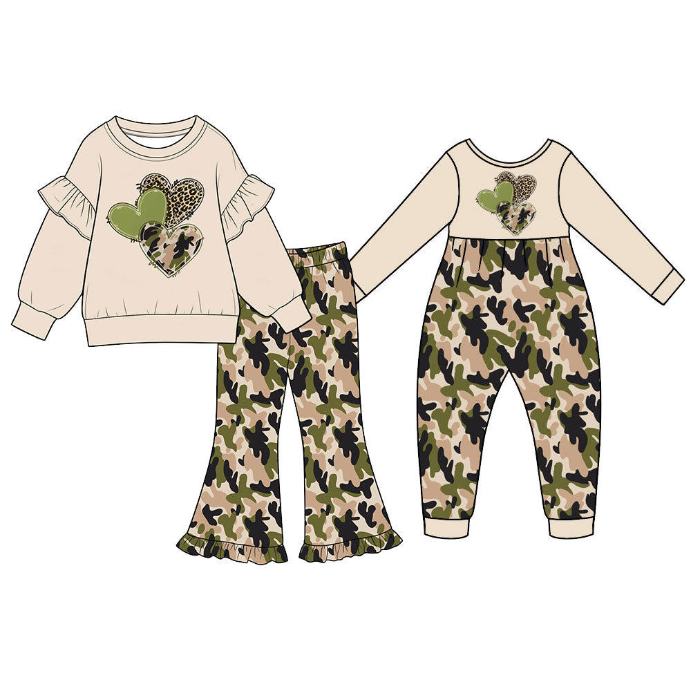 (Preorder new) No moq Baby Girls Heart Leopard Camo Ruffle Sleeve Sweatshirt Camouflage Print Ruffle Bell Bottom Pants Fall Outfit Romper