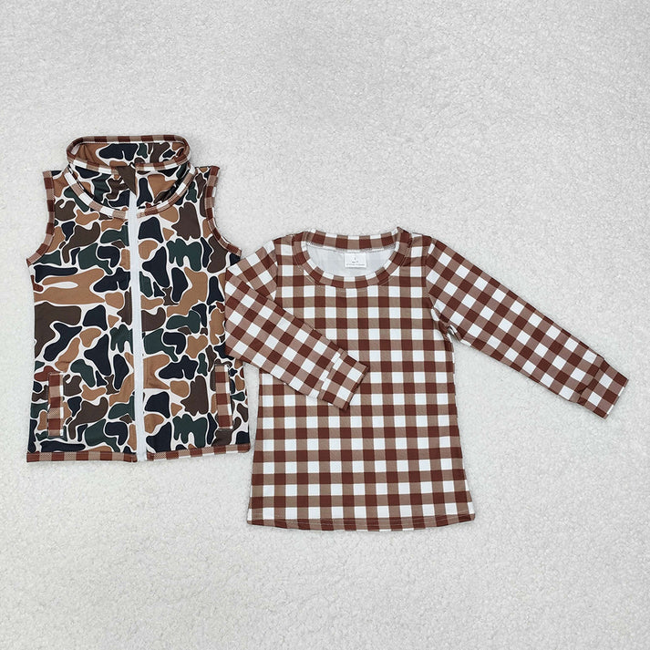 RTS NO MOQ Brown plaid long-sleeved top + camouflage sleeveless zipper vest two-piece set: Boys & Girls