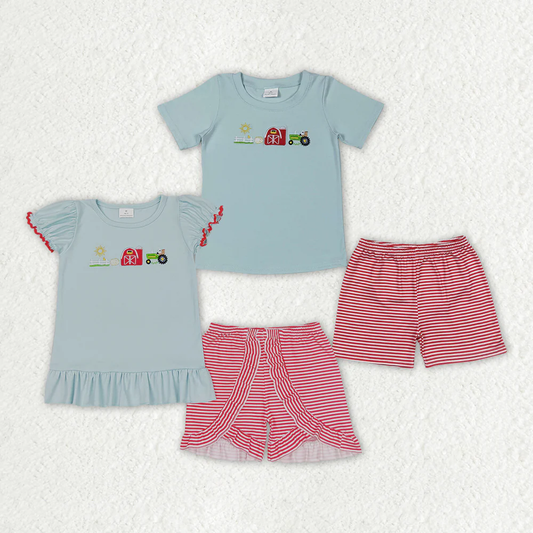 RTS Boys and girls embroidery farm Short Sleeve Shorts sets