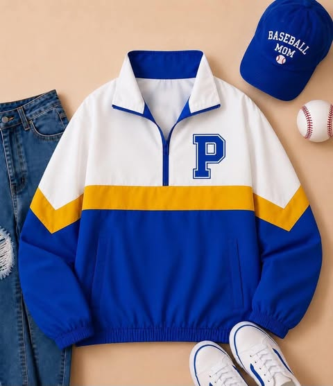 custom moq 5 mix size milk silk  KNMEAT0104 Adult And Kids Letter Print Color Block Half Zip Jacket White Blue Yellow Stripe Stand Collar Long Sleeve Pullover Top
